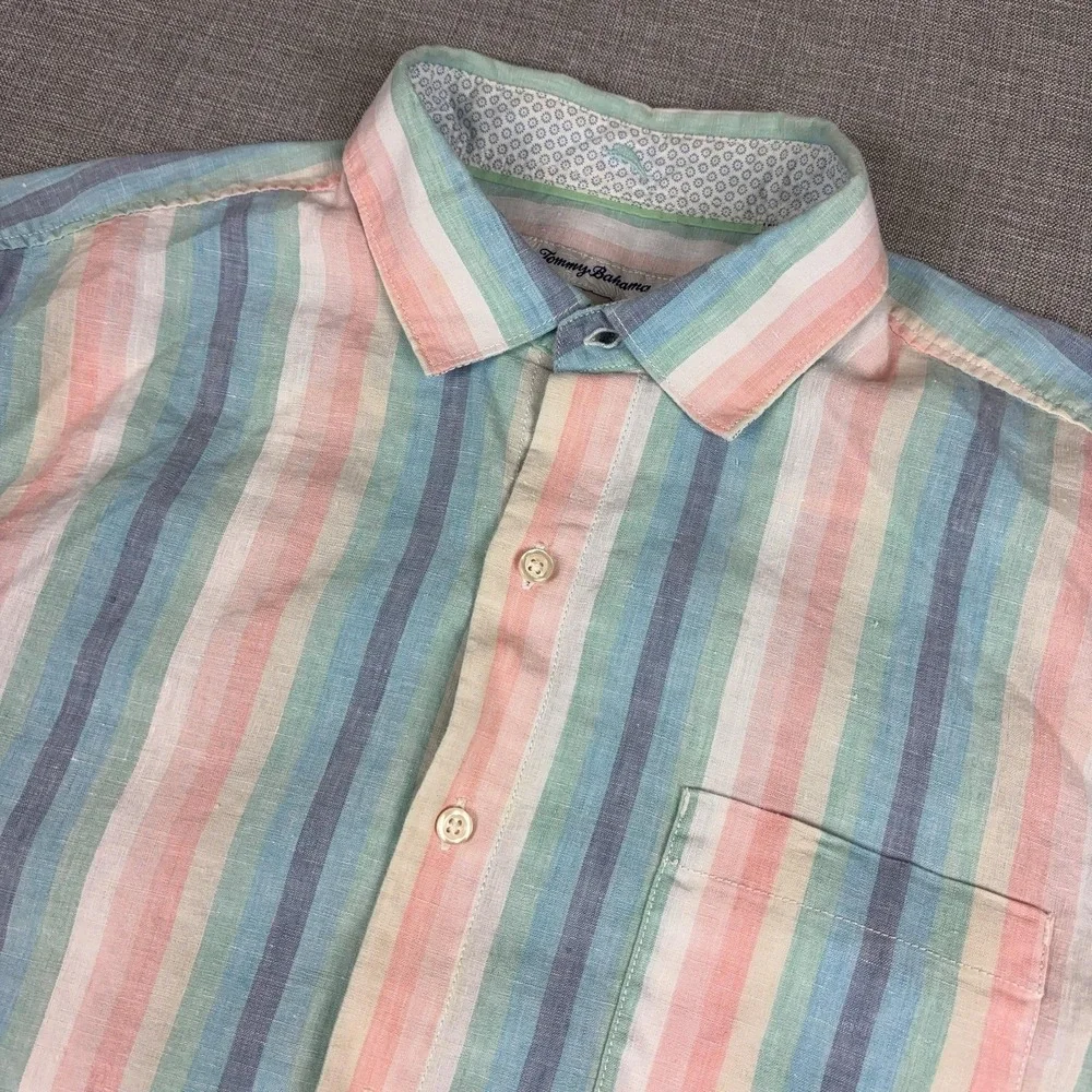 Tommy Bahama Shirt Mens Large Multicolor Striped Long Sleeve Linen Button Up